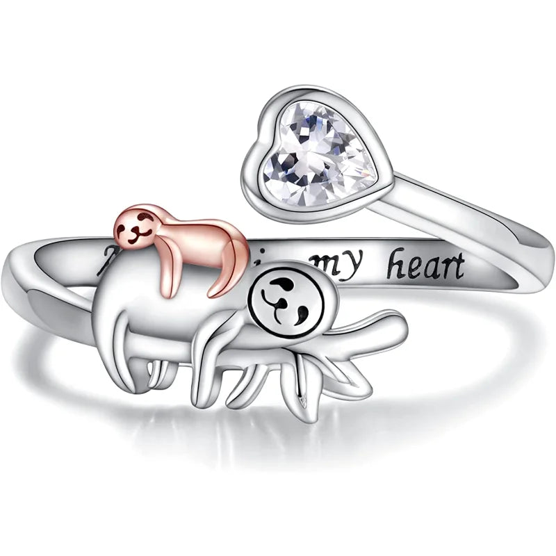 Sloth Mom and Baby Adjustable Ring with Words "Always in My Heart"