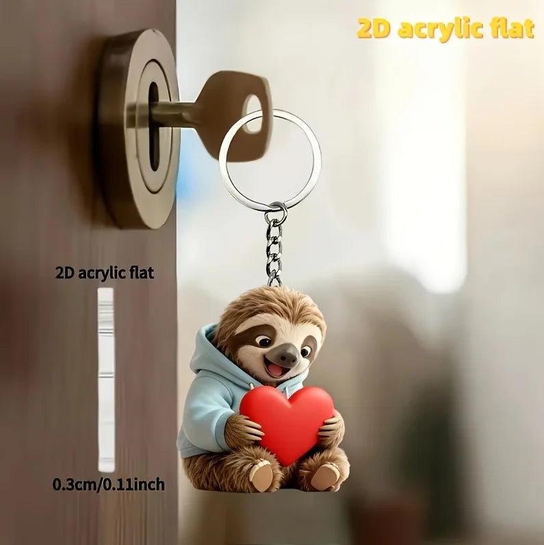 2D Sloth Holding A Heart Keychain