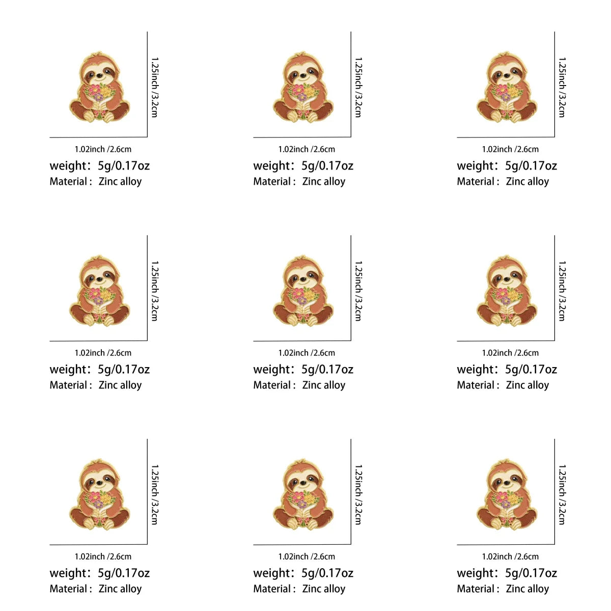 9 Piece Floral Sloth Enamel Pin Set