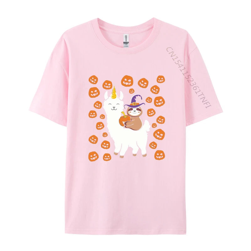 Sloth Wizard Riding Llama with Pumpkins T-shirt