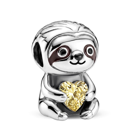 Sterling Silver Sloth With Yellow Heart Bead Charm