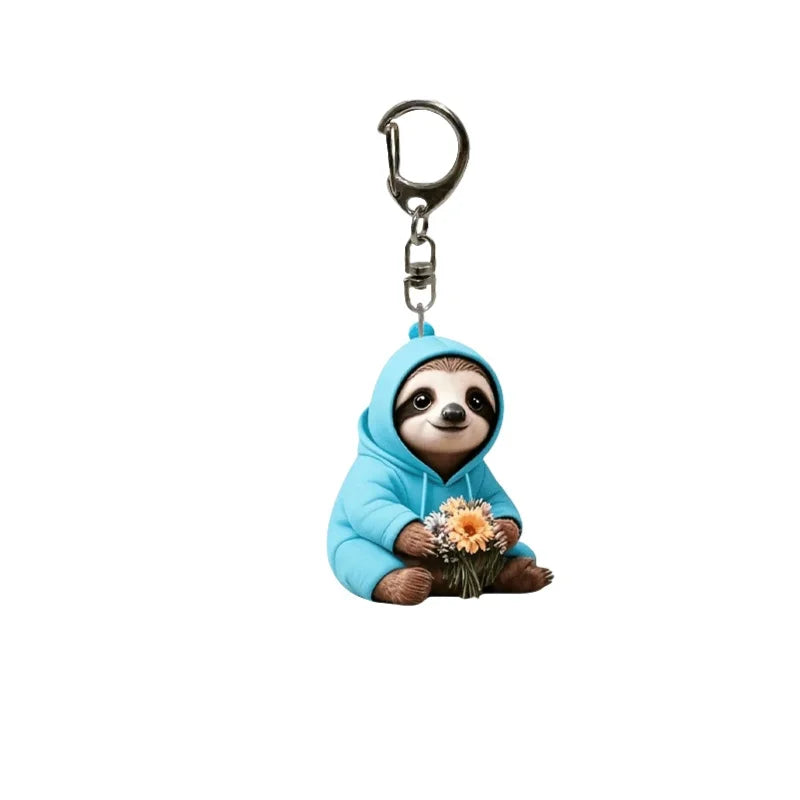 2D Sloth In Hoodie With Flowers Keychain