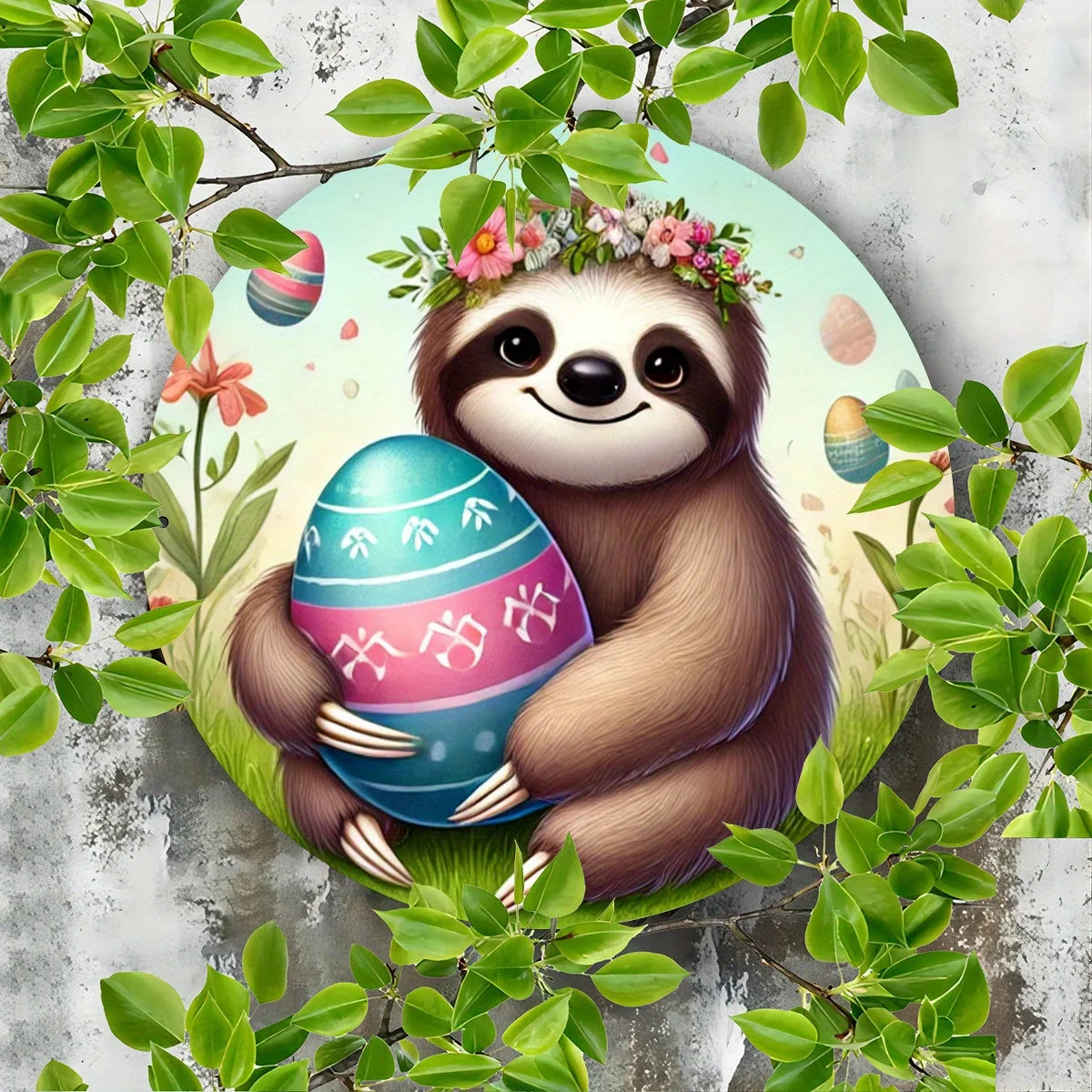 Easter Sloth 8x8 Inch Round Metal Sign