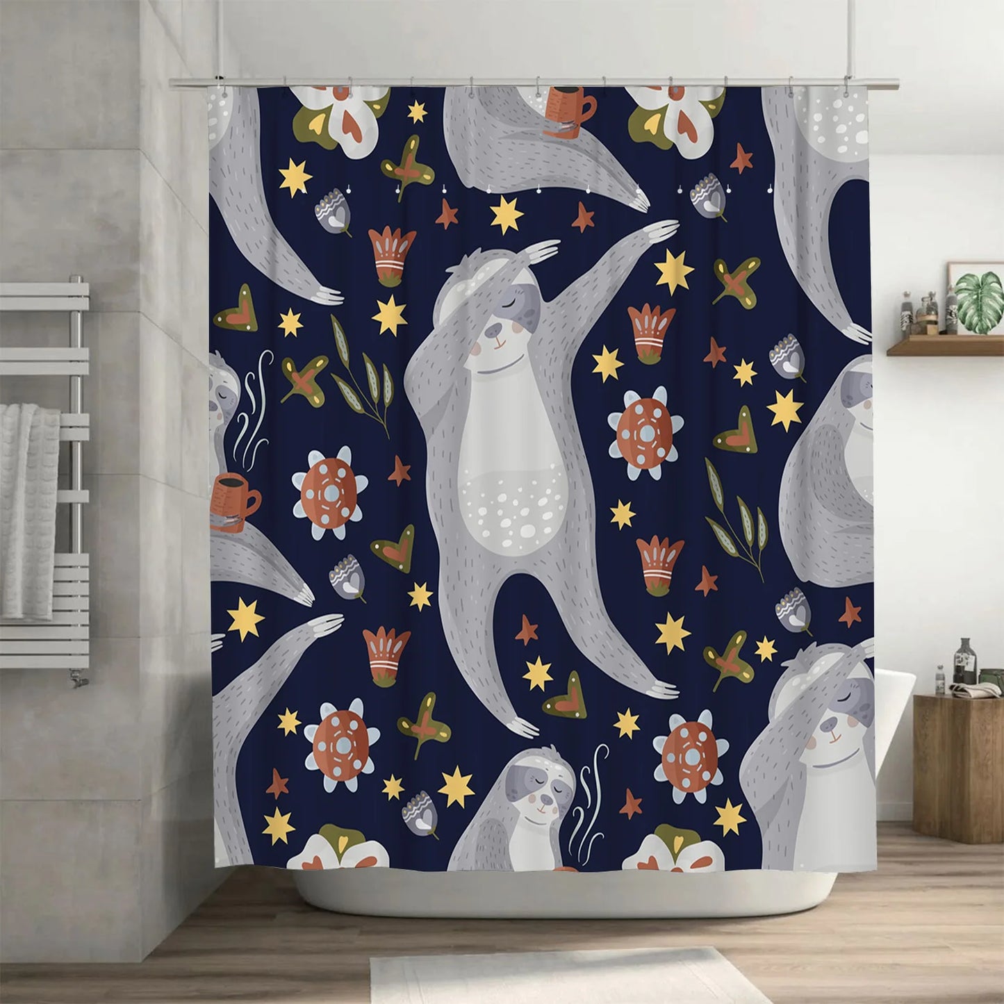 Blue Floral Sloth Shower Curtain