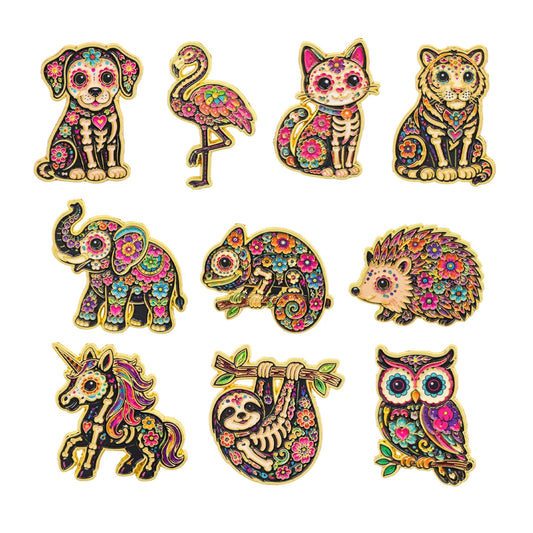 10 Piece Mexican Floral Skeleton Pin Badges