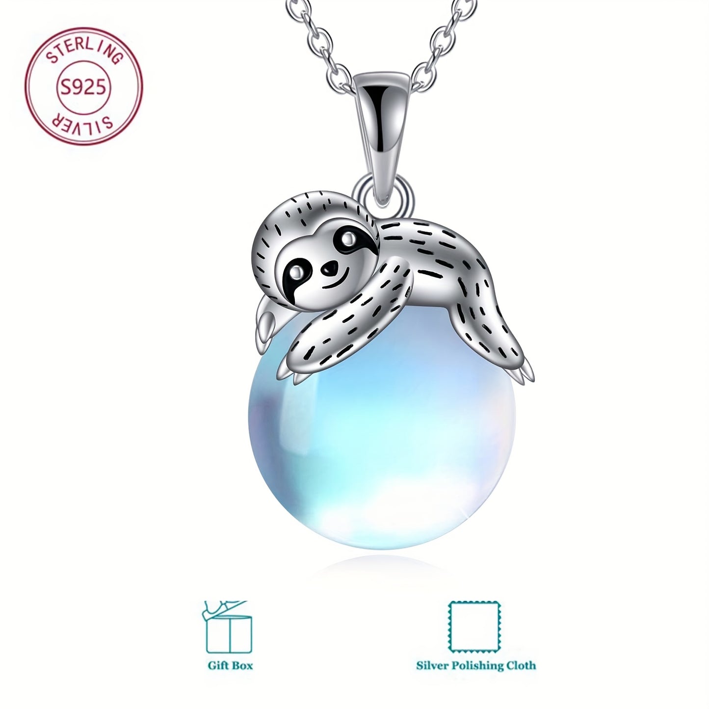 Sterling Silvery Sloth Moonstone Necklace