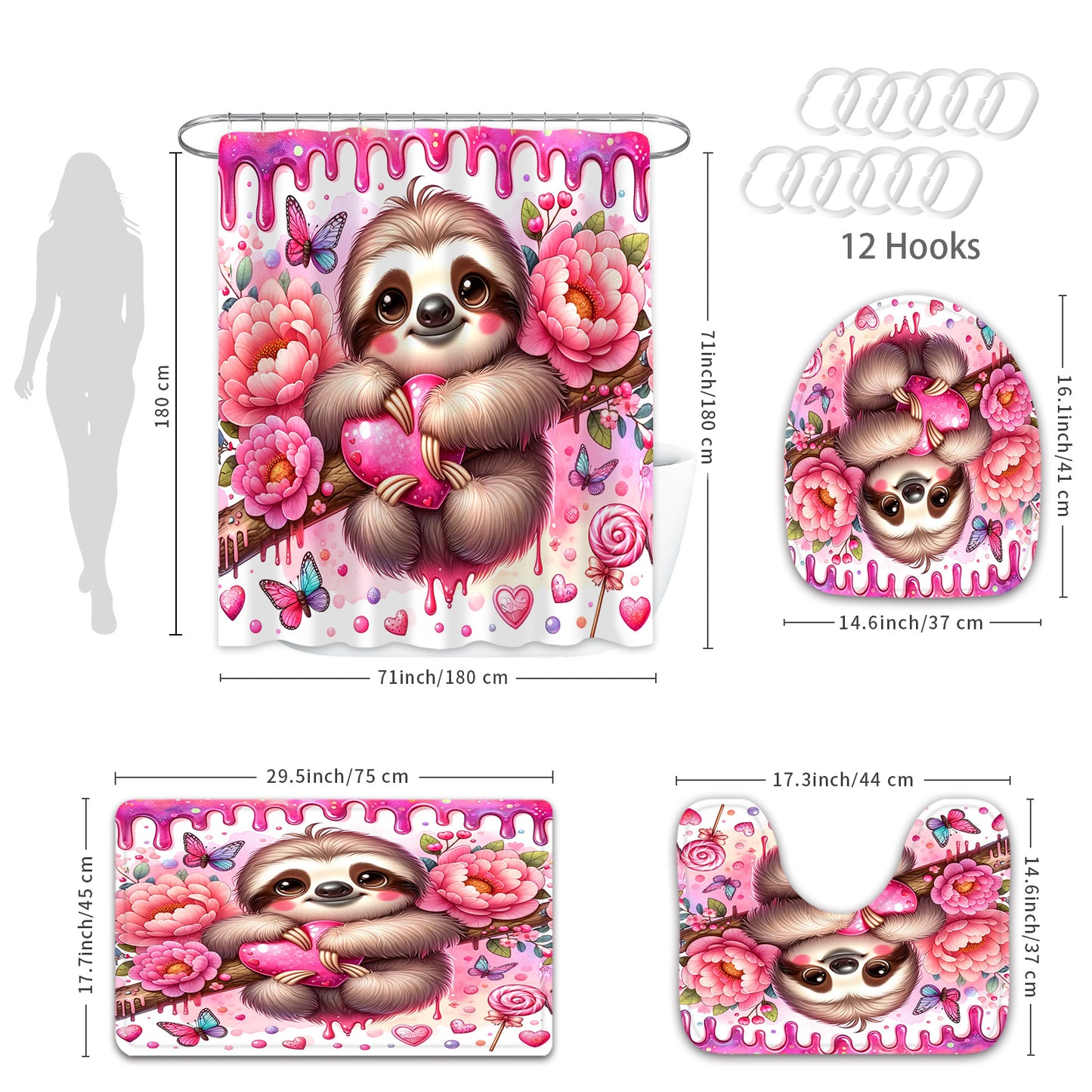 Pink Love Theme Sloth Shower Curtain and Bathroom Set