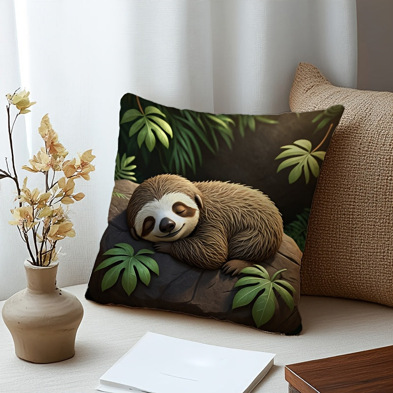 Sleeping Sloth on Rock with Leaves Cushion Cover