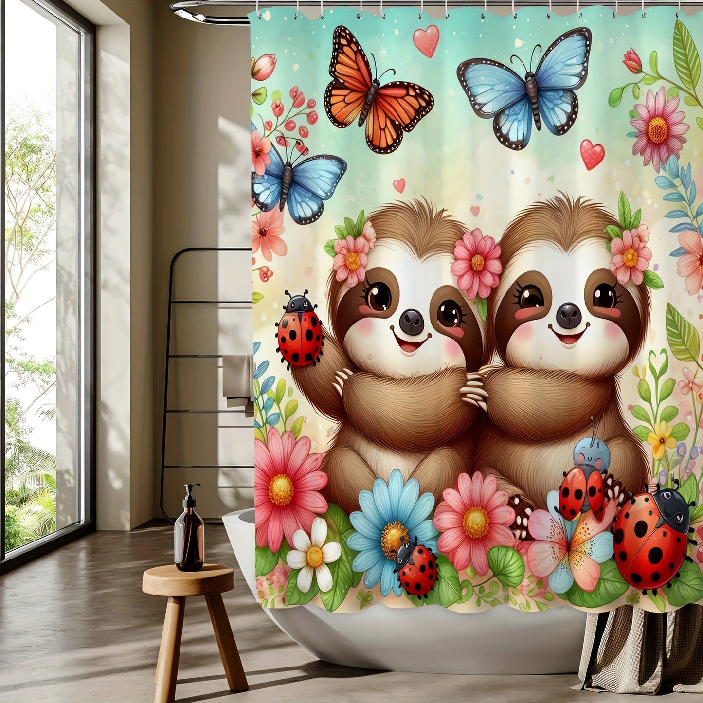 Charming Sloth & Butterfly Cartoon Shower Curtain