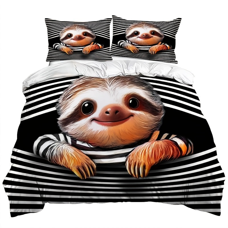 Black and White Striped Cute Sloth Bedding Set