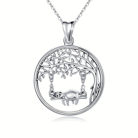 Sterling Silver Tree of Life Pendant with Sloth Hanging Necklace