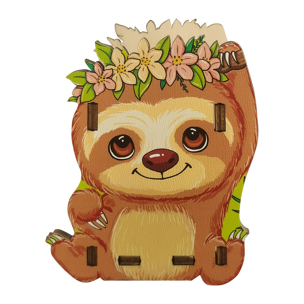 Wooden Sloth Pen Holder with Floral Crown