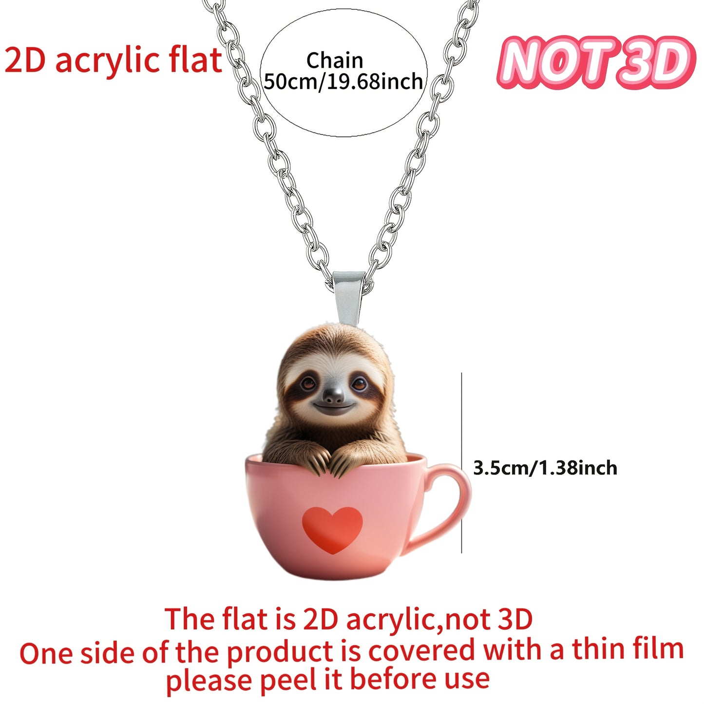 Cute Sloth Pink Tea Cup Necklace