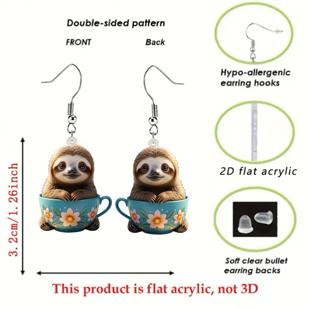 Cute Sloth in Floral Cup Earrings