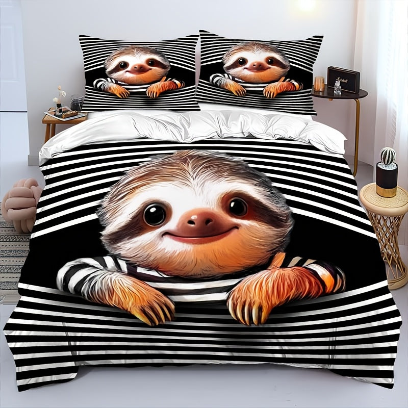 Black and White Striped Cute Sloth Bedding Set