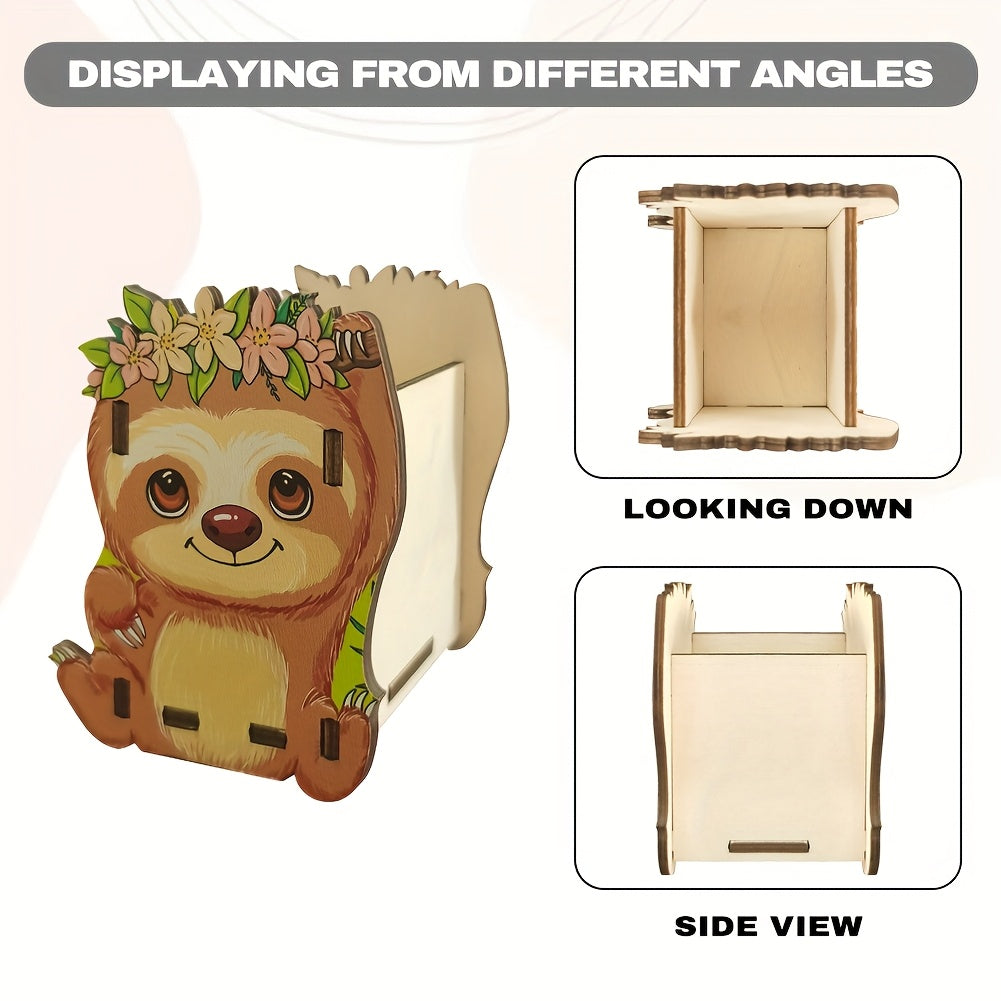 Wooden Sloth Pen Holder with Floral Crown