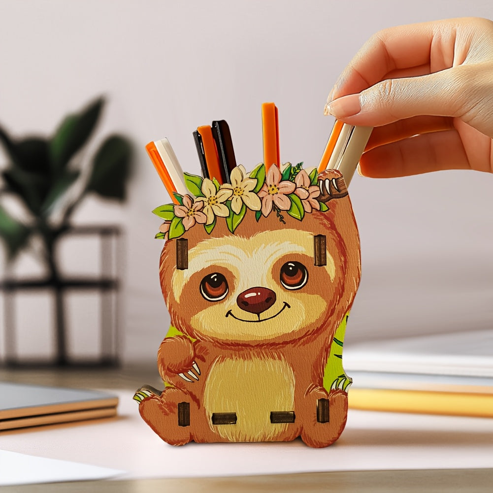 Wooden Sloth Pen Holder with Floral Crown