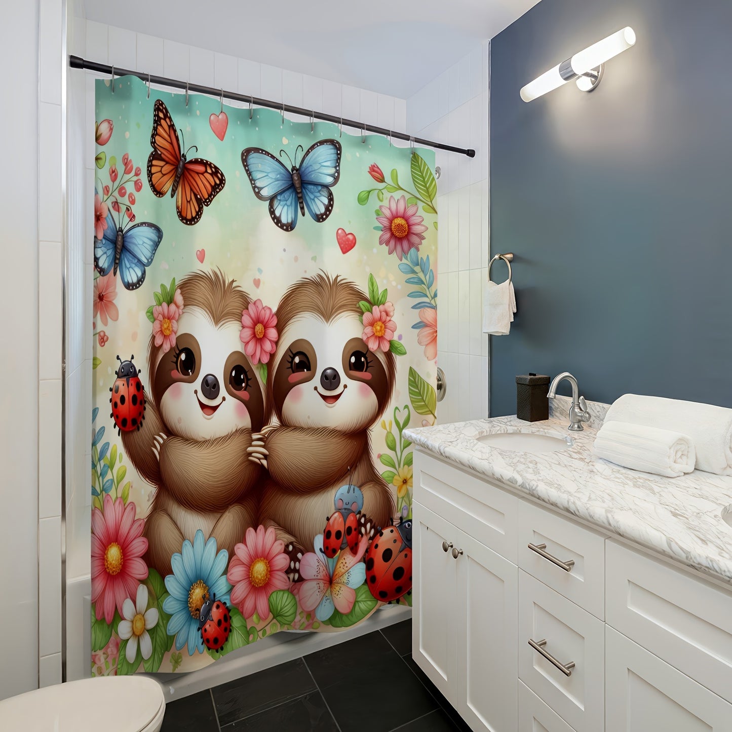 Charming Sloth & Butterfly Cartoon Shower Curtain