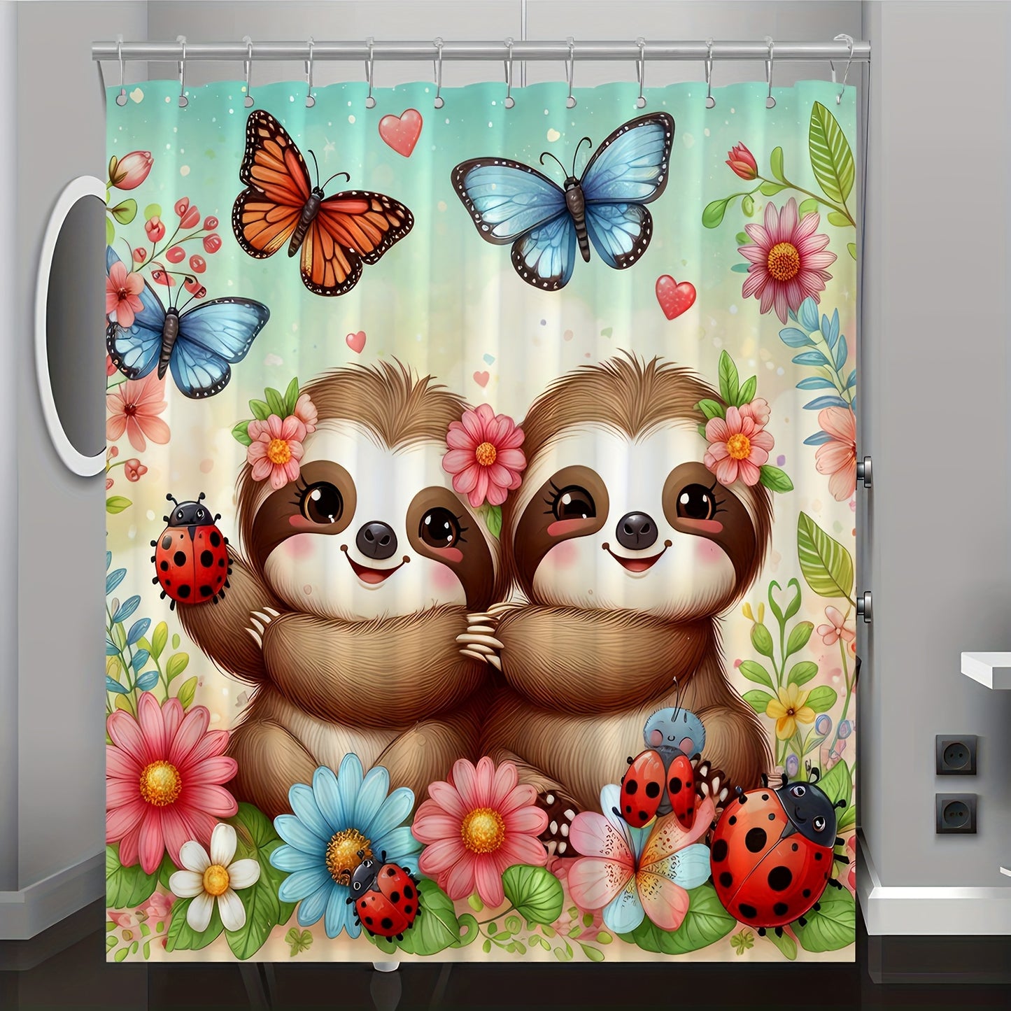 Charming Sloth & Butterfly Cartoon Shower Curtain