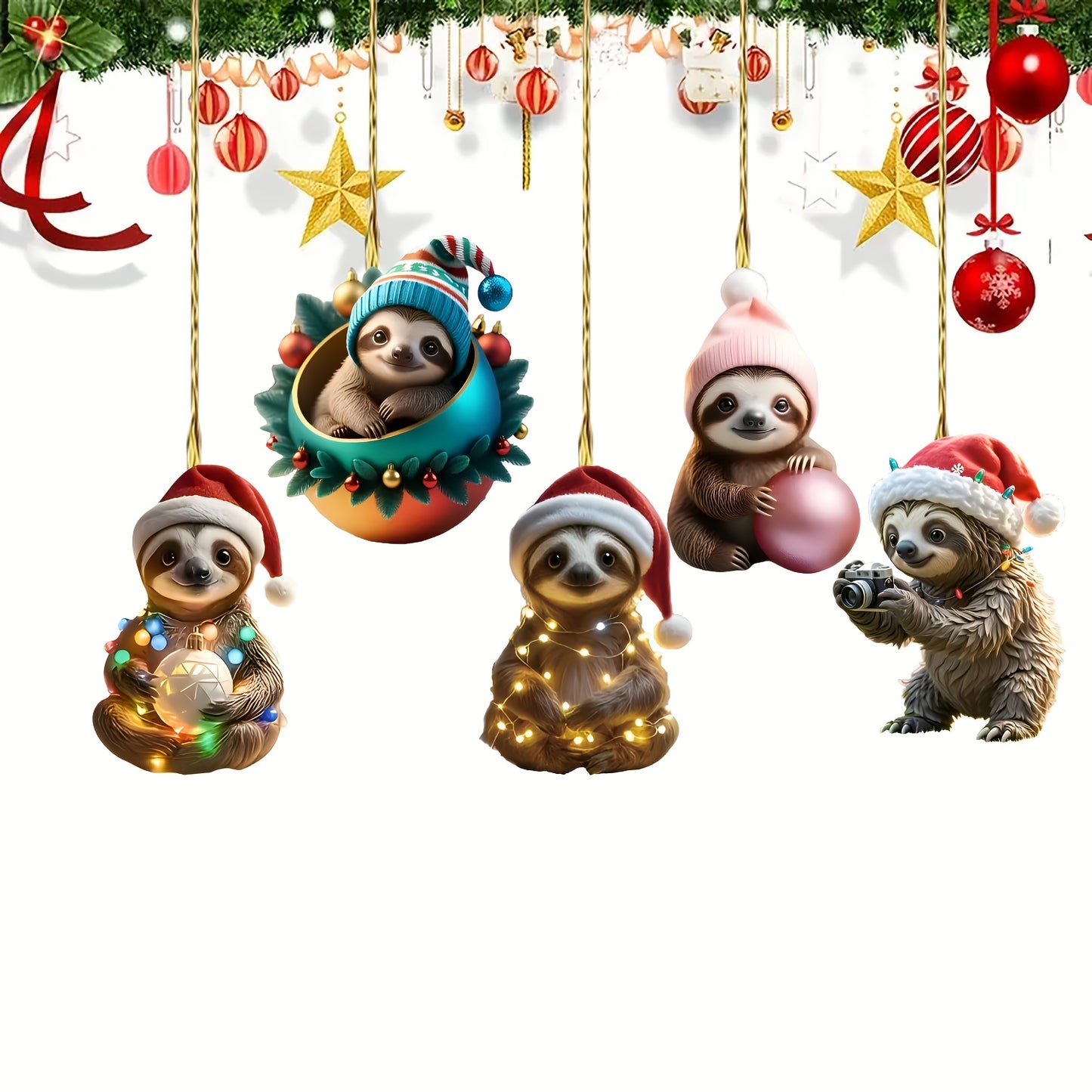 5 piece Set Sloth Themed Christmas Ornaments