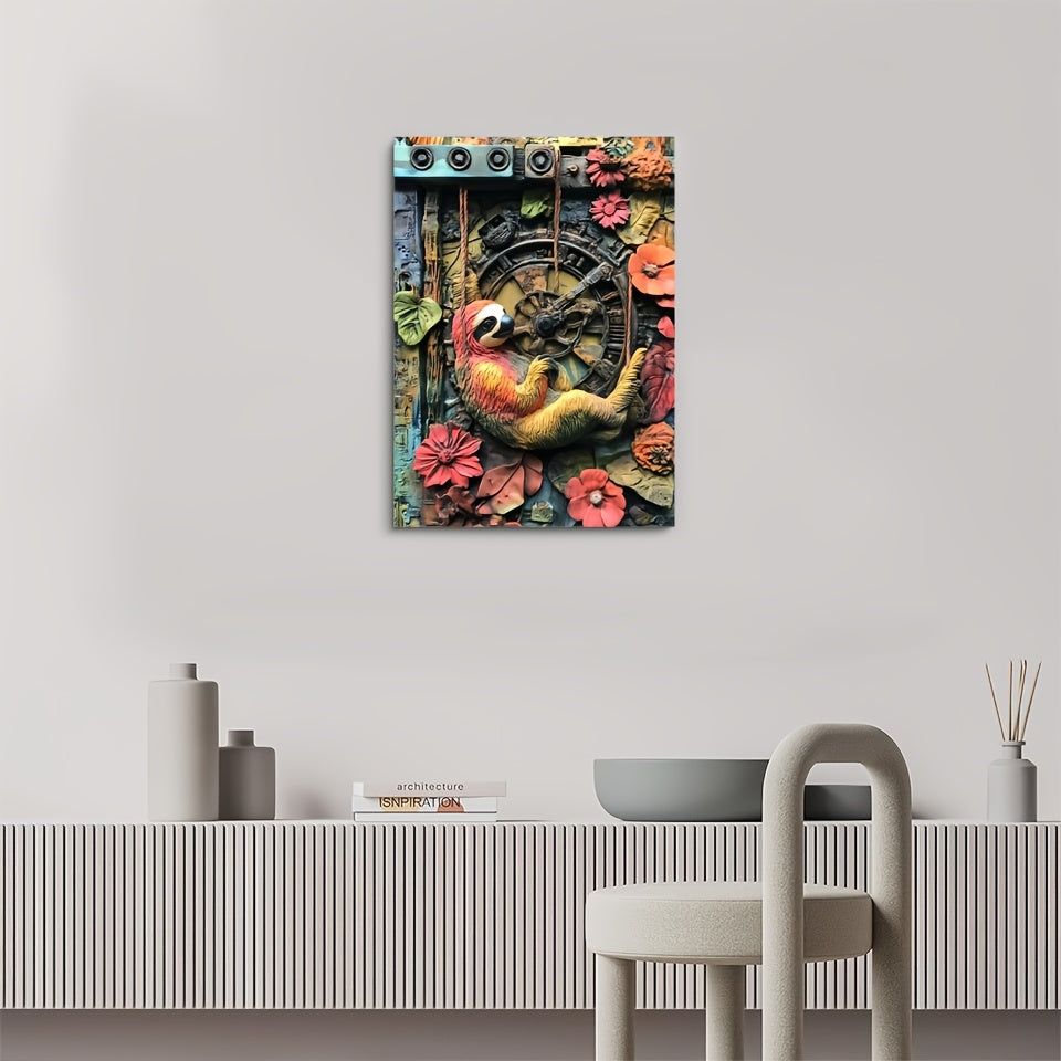 Colorful Art Sloth with Floral Design Wall Clock