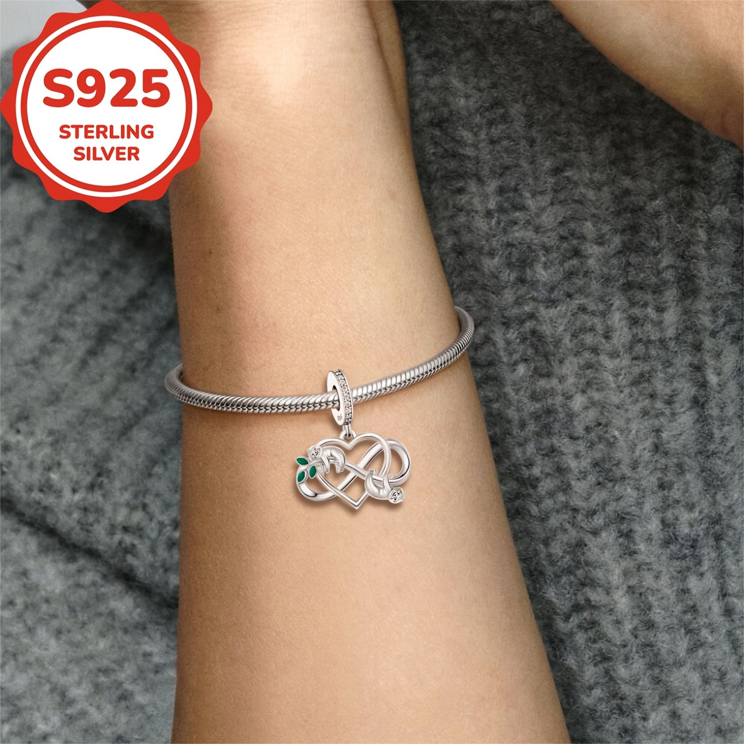 Sterling Silver Sloth Infinite Symbol Heart Shape Design Bracelet or Necklace Charm