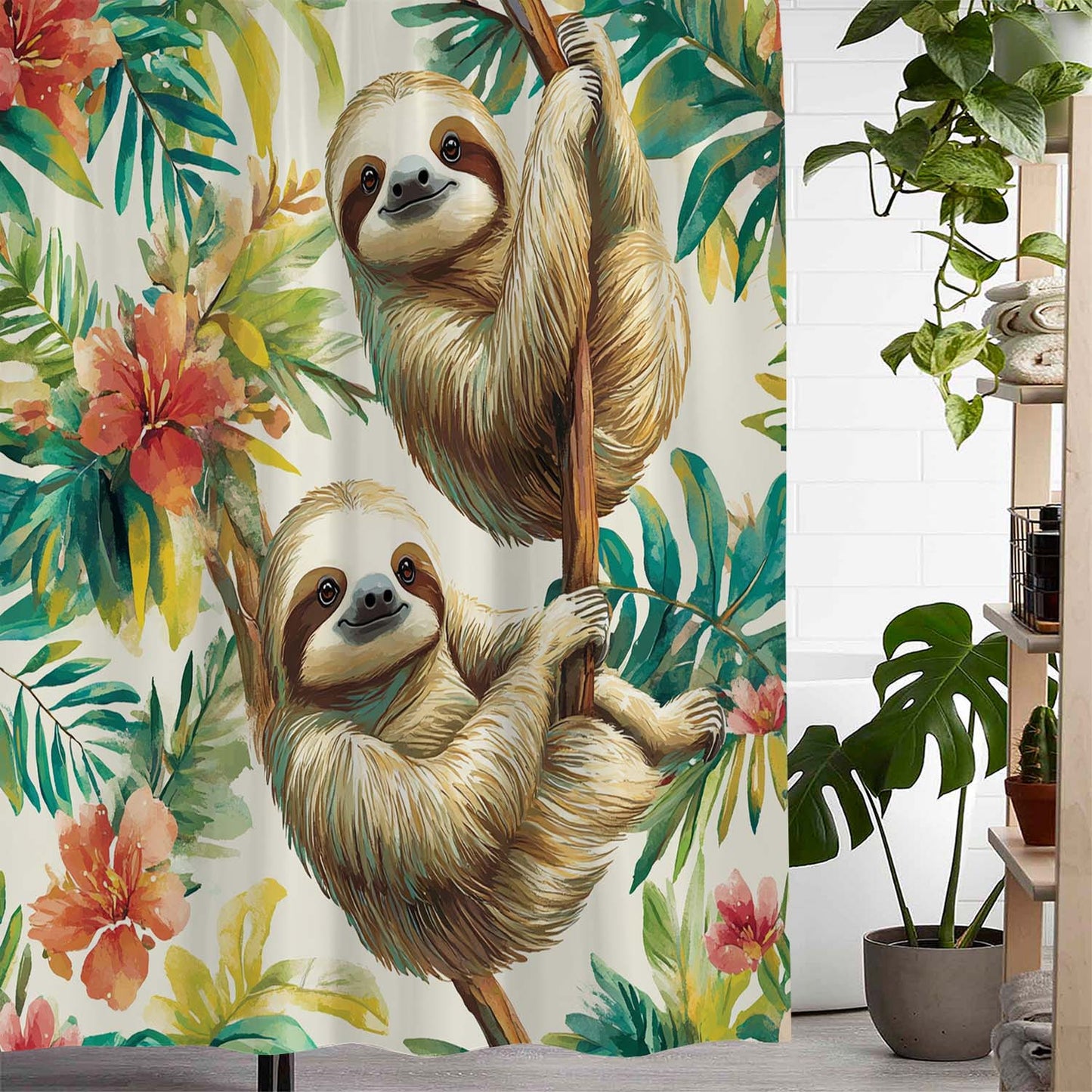 Tropical Sloth Floral Shower Curtain