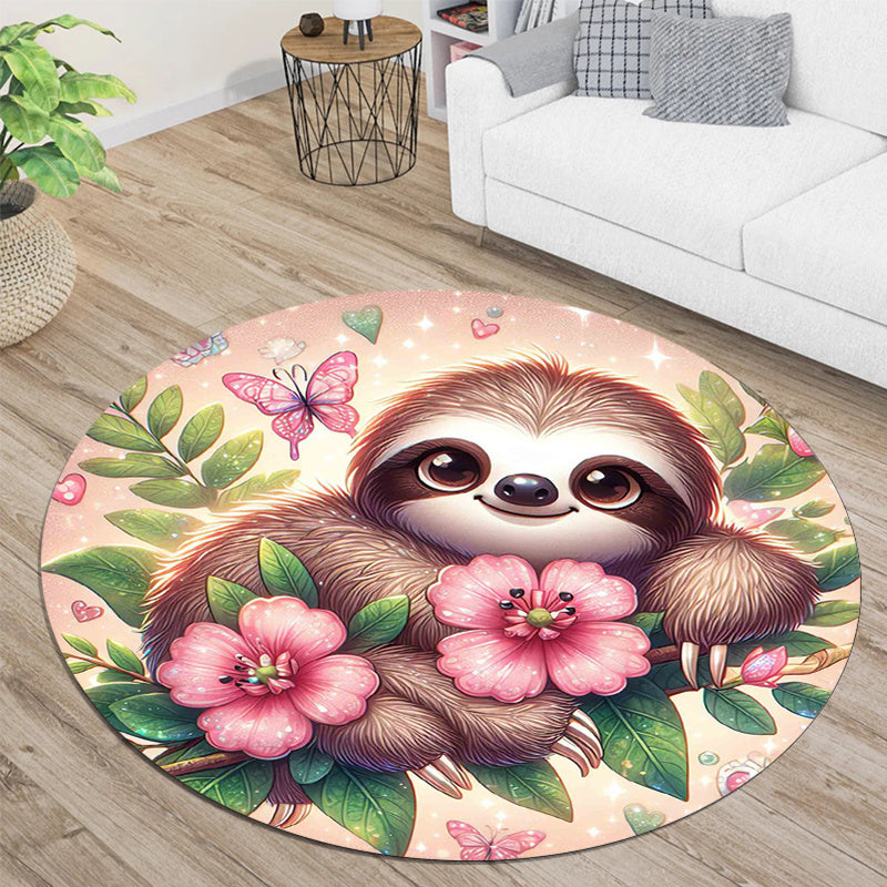 Sloth with Flowers Round Rug