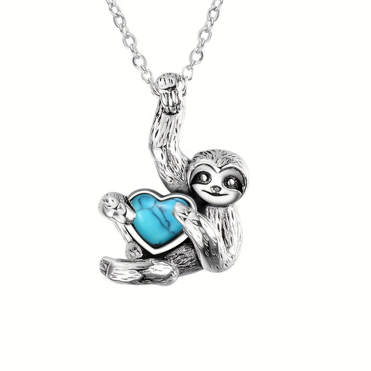 Sterling Silver Sloth Necklace Holding Turquoise Heart