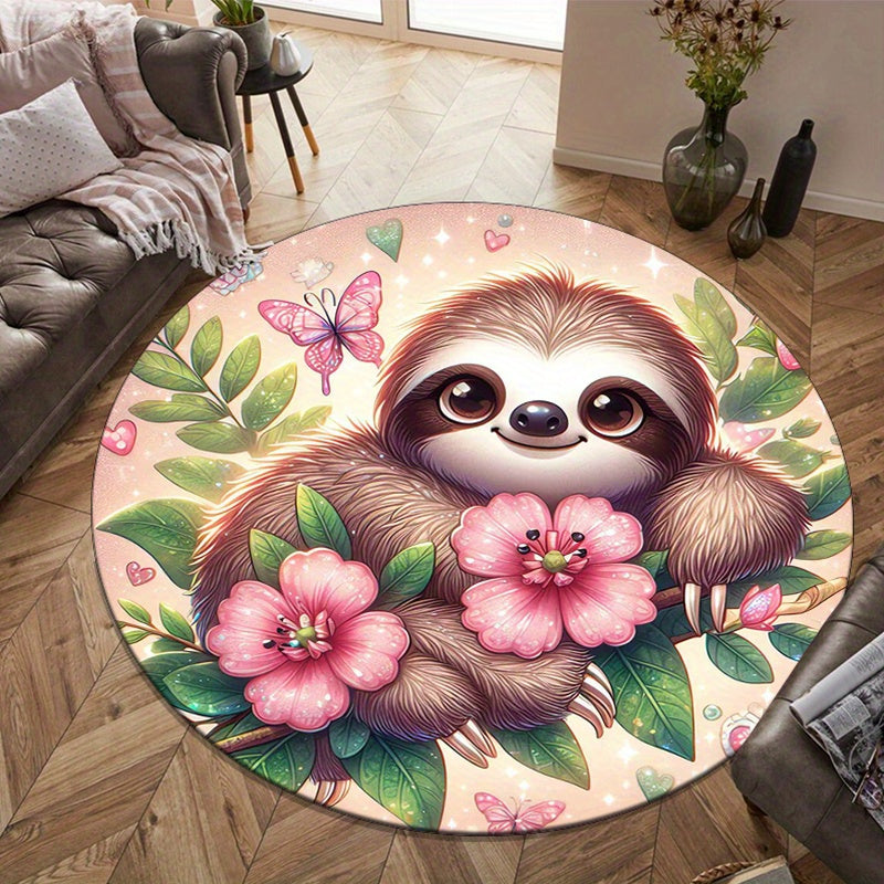 Sloth with Flowers Round Rug