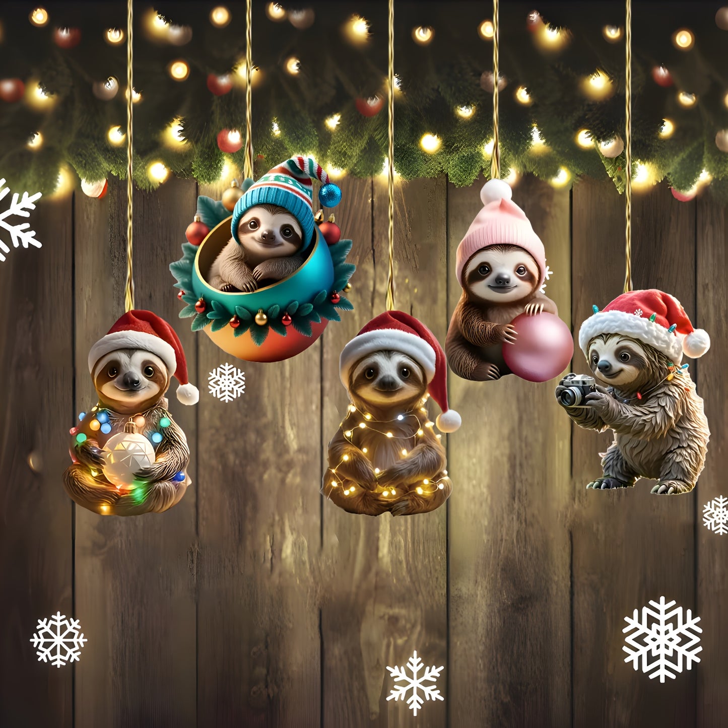 5 piece Set Sloth Themed Christmas Ornaments